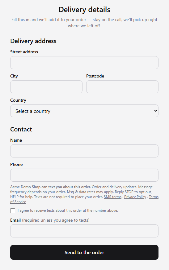 The delivery-details form ZeroACE hosts, showing the SMS notice directly beneath the phone field and the unticked agreement checkbox below it.
